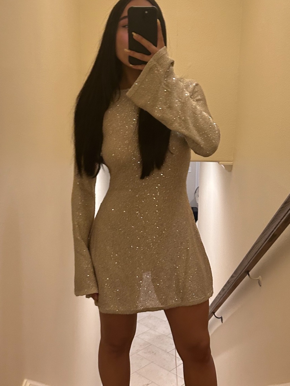 Meshki Sparkle Long-Sleeve Mini Dress in Champagne Gold